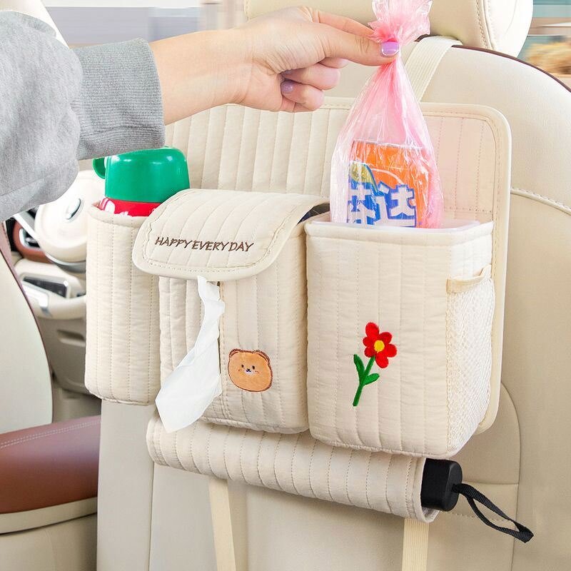 Backseat Organizer Manufacturer - Cute Bear Car Tissue Holder Clear Phone Pocket