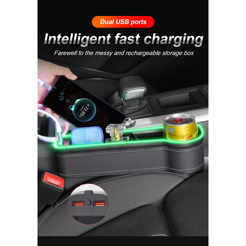 Seat Organizer Manufacturer - Car Seat Crevice Storage Box with Usb Charging Port LED Light Stowing Tidying