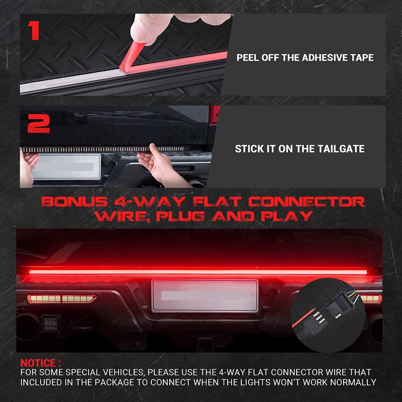 Tailgate Brake Lights Manufacturer - 48-Inch 60-Inch Solid Beam LED Red Bar Flashing Sequential Amber Turn for SUV Pickup