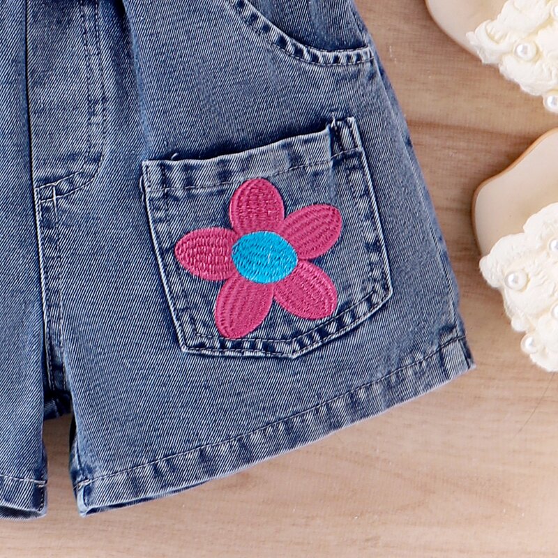 Girls Clothing Set Manufacturer - 2024 Summer Sleeveless Ruffle Top Denim Flower Shorts