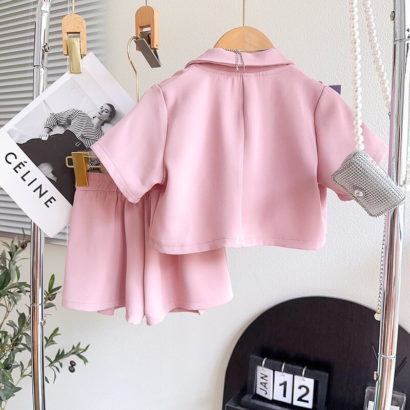 Girls Clothing Set Manufacturer - Summer Short Sleeve Blazer Coat Ribbed Vest Shorts 3Pcs
