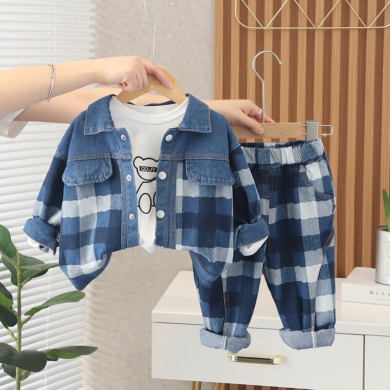 Boys Clothing Set Manufacturer - 2024 Spring Autumn Bear T Shirt Jacket Pants 3Pcs