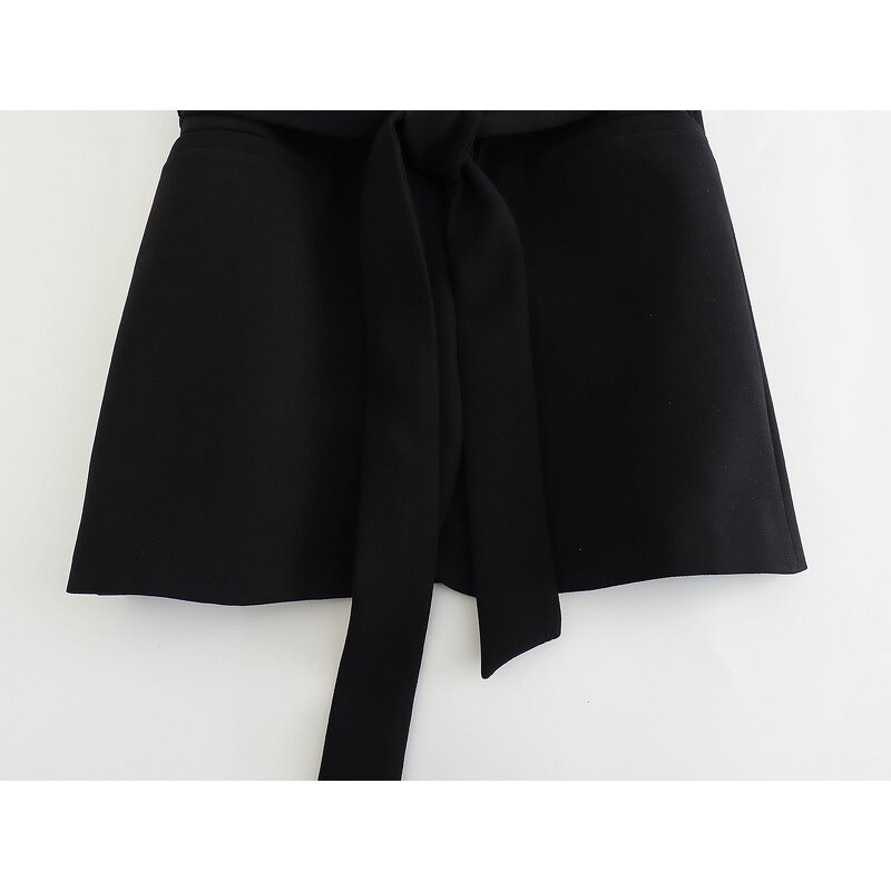 Women's Vest Manufacturer - Notched Collar Black Sleeveless Sashes Casual Waistcoat