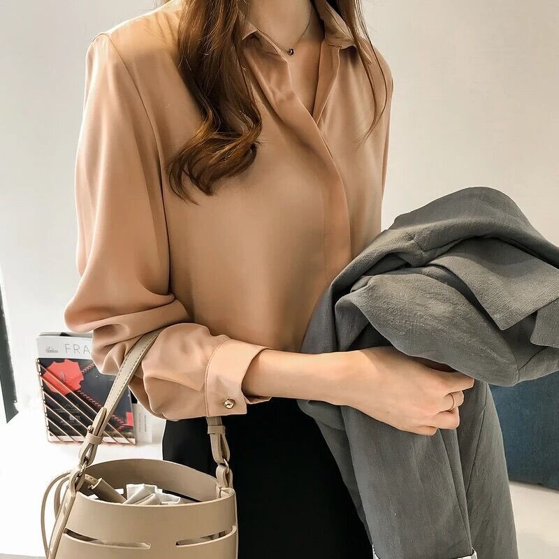 Women's Chiffon Shirt Manufacturer - Autumn Pure Color V-neck Long Sleeve Business Wear