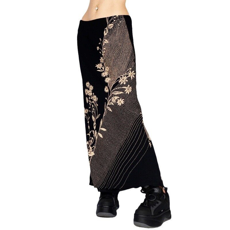 Women's Midi Skirt Manufacturer - Retro Daisy Printed Low Waist Wrapped A Line Slim