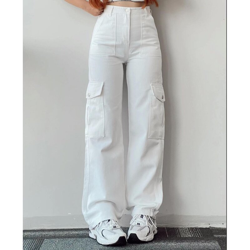 Women's Cargo Pants Manufacturer - 2024 Solid Color Mid-waist Wide Leg Casual Trousers