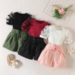 Girls Two Piece Set Manufacturer - Summer Mesh Puff Sleeve O Neck Tops Lace up Shorts