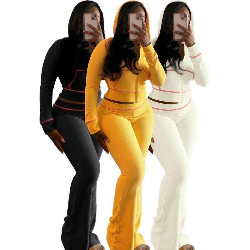 Women's Two Piece Set Manufacturer - Hooded Tops Flare Pants Waffle Striped 2024 Autumn