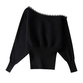 Women's Knitted Sweater Manufacturer - Black Beading Asymmetrical Design Long Sleeve