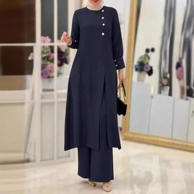 Muslim Two Piece Set Manufacturer - Side Slit Long Shirt Wide Leg Pants Robe In Stock