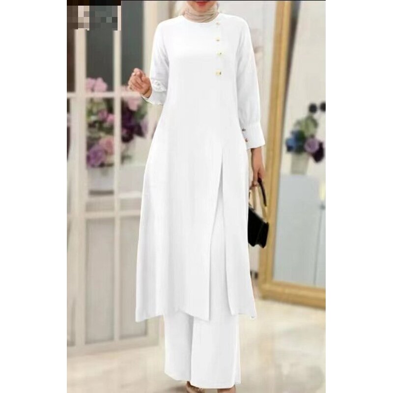 Muslim Two Piece Set Manufacturer - Side Slit Long Shirt Wide Leg Pants Robe In Stock