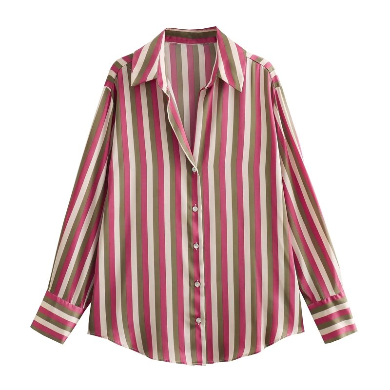 Women's Satin Blouse Manufacturer - Striped Retro Front Button-up Long Sleeve Shirt