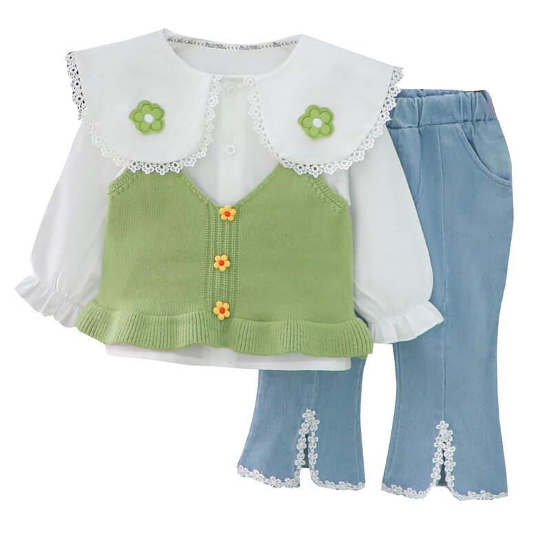 Girls Clothing Set Manufacturer - Spring Autumn Floral Vest Doll Collar Shirt Jeans 3Pcs