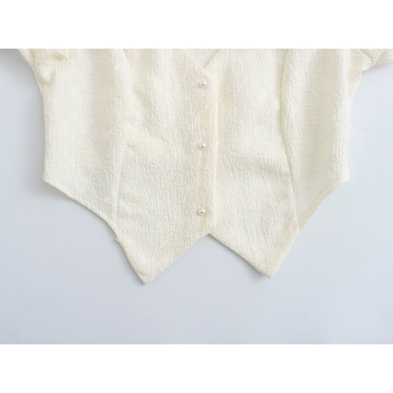 Women's Blouse Manufacturer - Front Hollow Out Beige Turn Down Collar Long Sleeve