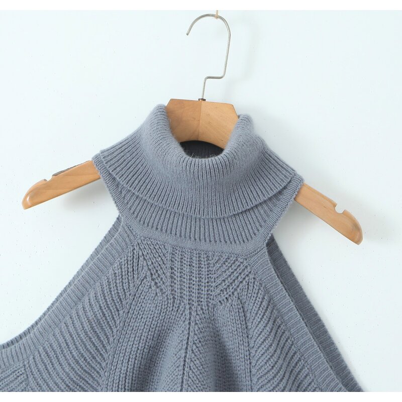 Women's Knitted Crop Sweater Manufacturer - Gray Turtleneck Shoulder Hollow Out Long Sleeve