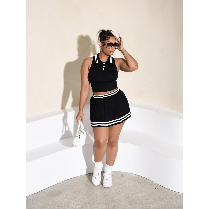 Tennis Skirt Set Manufacturer - Sports Knit Striped Tight Plus Size Pleated Skirt Set