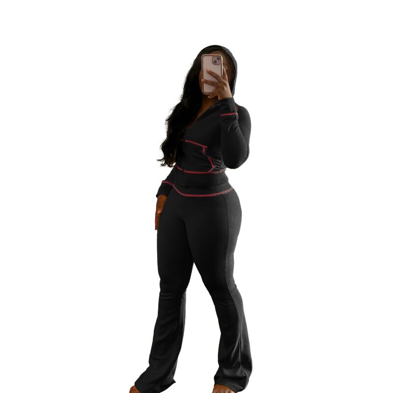 Women's Two Piece Set Manufacturer - Hooded Tops Flare Pants Waffle Striped 2024 Autumn