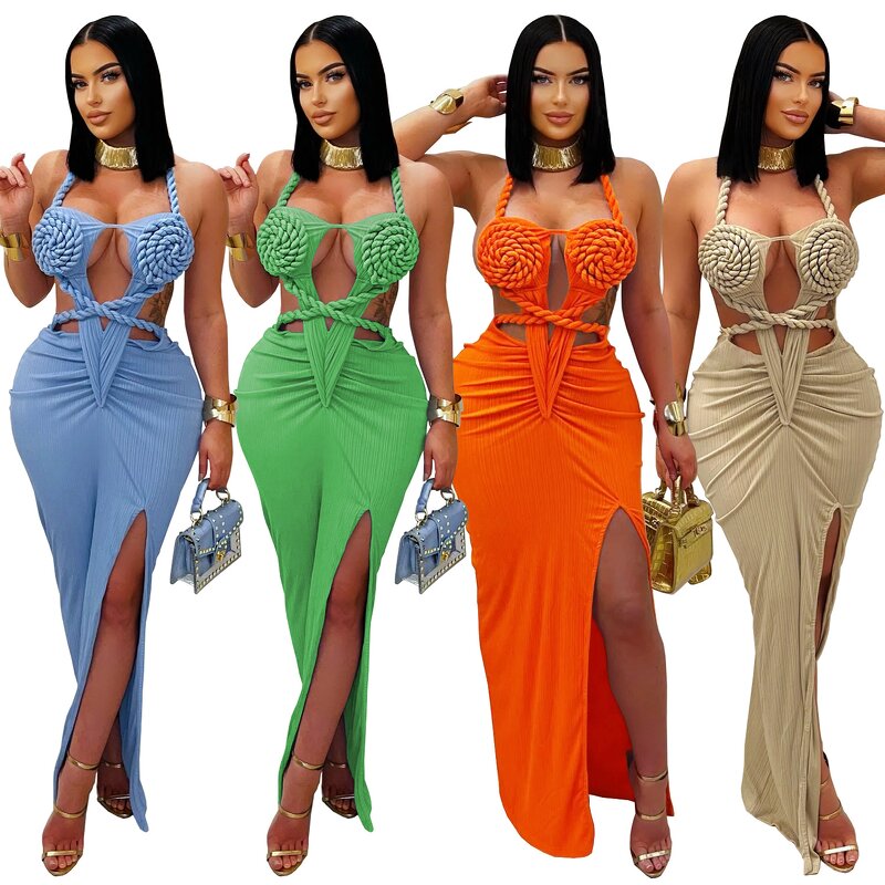 Women's Chiffon Dress Manufacturer - Cross-Border Sexy Knitted Halter Backless Solid Color