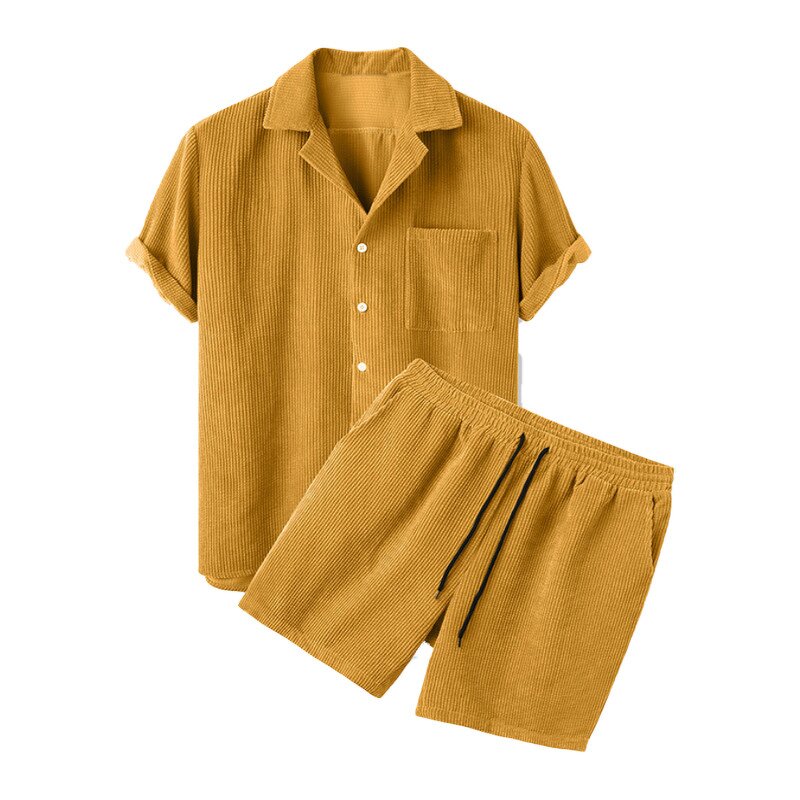 Men's Corduroy Set Manufacturer - Solid Color Shirt and Shorts European American Casual