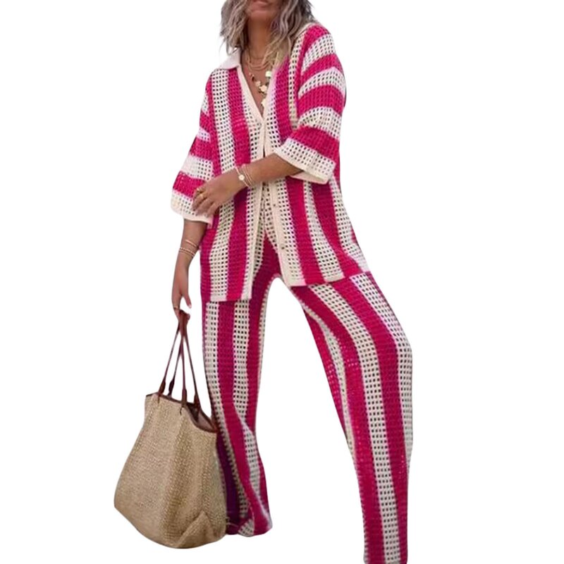 Women's Knit Set Manufacturer - Casual Vneck Hollow Striped Shirt Wide Leg Pants