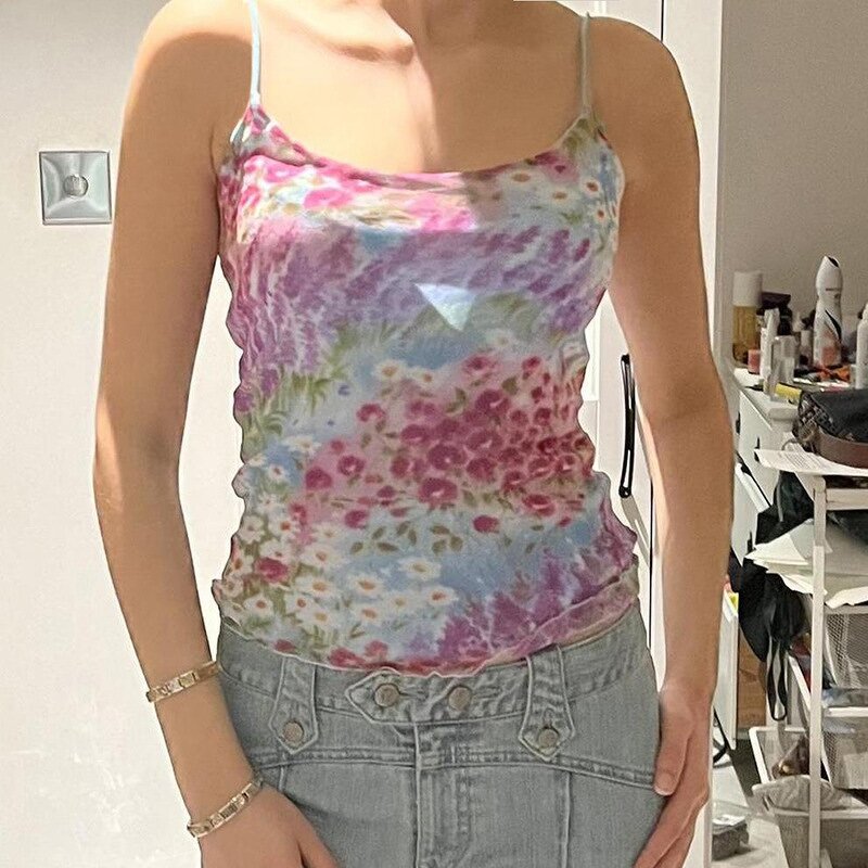 Women's Cami Top Manufacturer - Summer Oil Painting Floral Slim Backless Strap Vest
