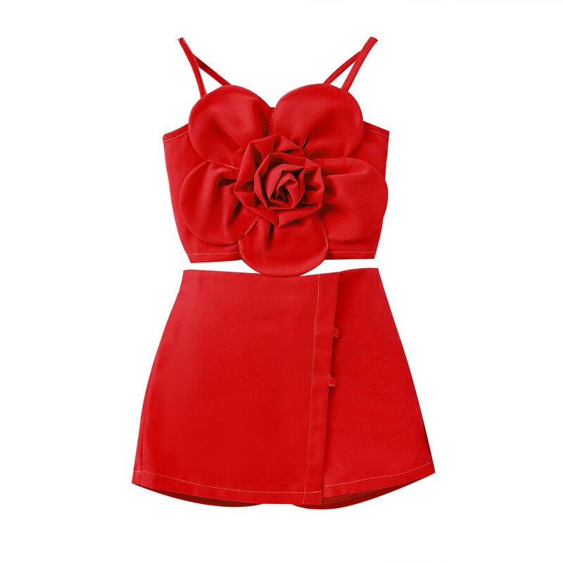 Girls Outfit Manufacturer - Summer 3D Floral Sling Top Skirt Shorts Princess 2Pcs