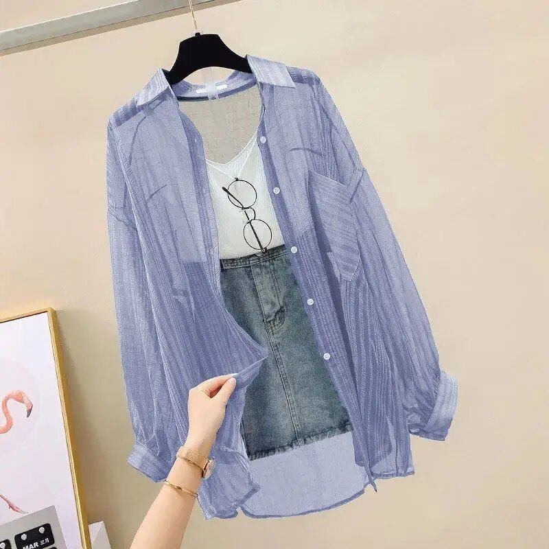 Women's Sunscreen Shirt Manufacturer - Summer Thin Chiffon See Through Cardigan Blouse