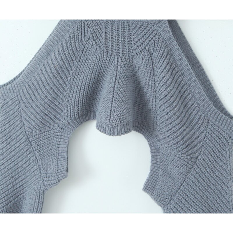 Women's Knitted Crop Sweater Manufacturer - Gray Turtleneck Shoulder Hollow Out Long Sleeve