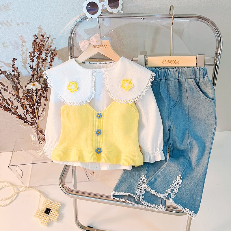 Girls Clothing Set Manufacturer - Spring Autumn Floral Vest Doll Collar Shirt Jeans 3Pcs