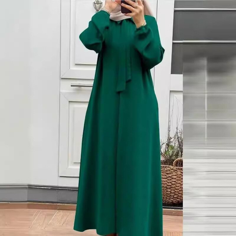 Muslim Cardigan Dress Manufacturer - Bow Tie Polo Collar Long Sleeve Pocket Loose