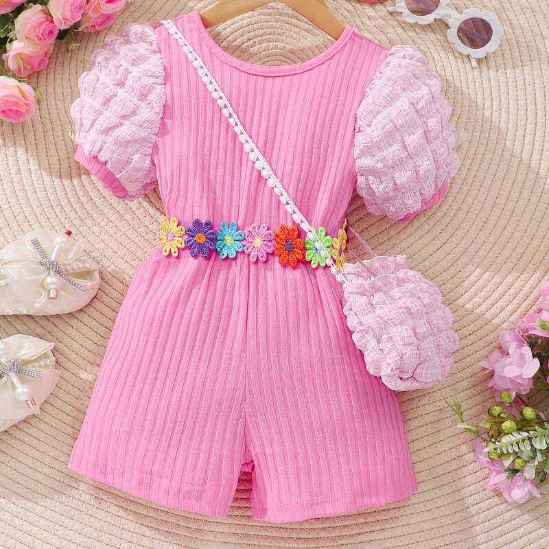Girls Jumpsuit Manufacturer - 2024 Summer Puffed Sleeves Striped Back Crossover With Bag