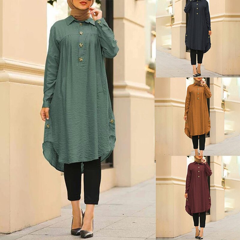 Muslim Blouse Manufacturer - High Quality Solid Color Pleated S~5XL Arabic Long Tops