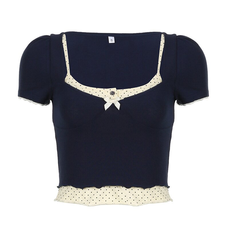 Women's Two Piece Set Manufacturer - French Polka Dot Square Collar Puff Sleeve Short