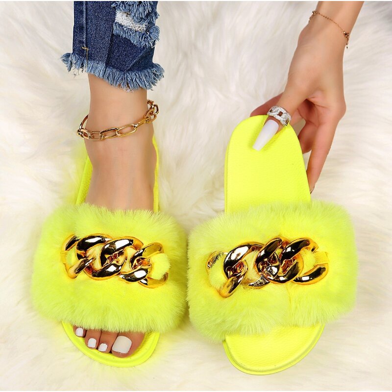 Women's Fur Sandals Manufacturer - Large Size Outer Wear Metal Chain Ladies Slippers