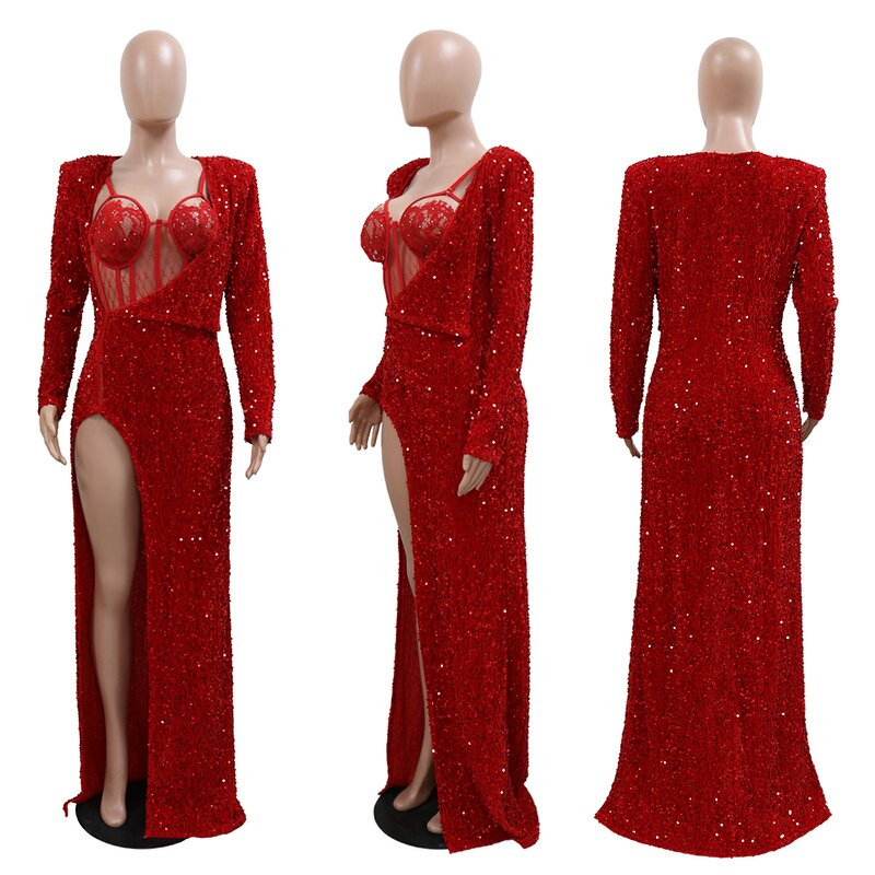 Women's Sequin Set Manufacturer - 2024 Glitter Prom Party Dress and Bodysuit Two Piece