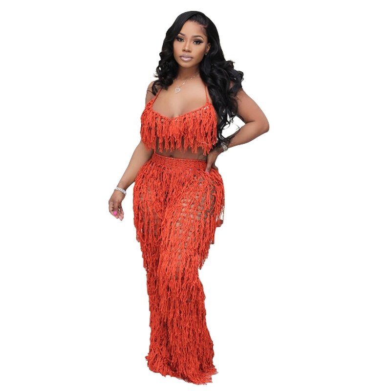 Women's Knitted Set Manufacturer - European American Handcrafted Fringe Skirt Two-piece