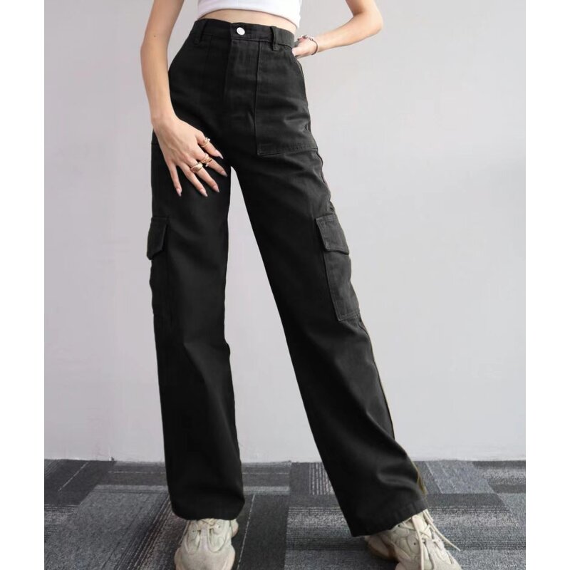 Women's Cargo Pants Manufacturer - 2024 Solid Color Mid-waist Wide Leg Casual Trousers