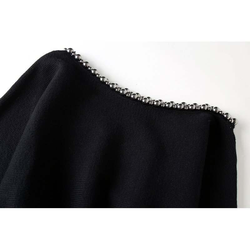 Women's Knitted Sweater Manufacturer - Black Beading Asymmetrical Design Long Sleeve