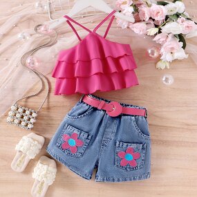 Girls Clothing Set Manufacturer - 2024 Summer Sleeveless Ruffle Top Denim Flower Shorts