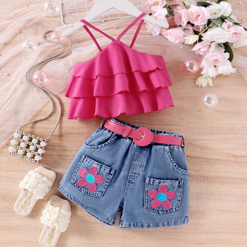 Girls Clothing Set Manufacturer - 2024 Summer Sleeveless Ruffle Top Denim Flower Shorts