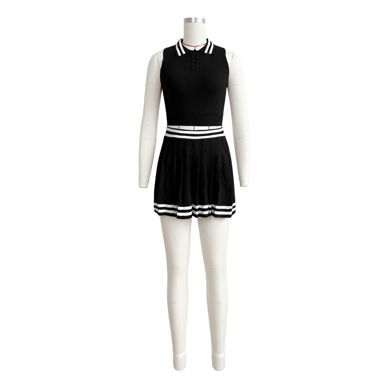 Tennis Skirt Set Manufacturer - Sports Knit Striped Tight Plus Size Pleated Skirt Set