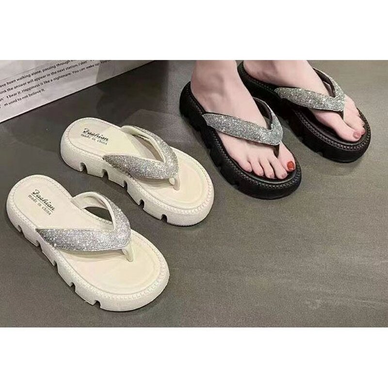 Women's Flip Flops Manufacturer - Rubber Sole Diamond Decoration Lightweight Sandals