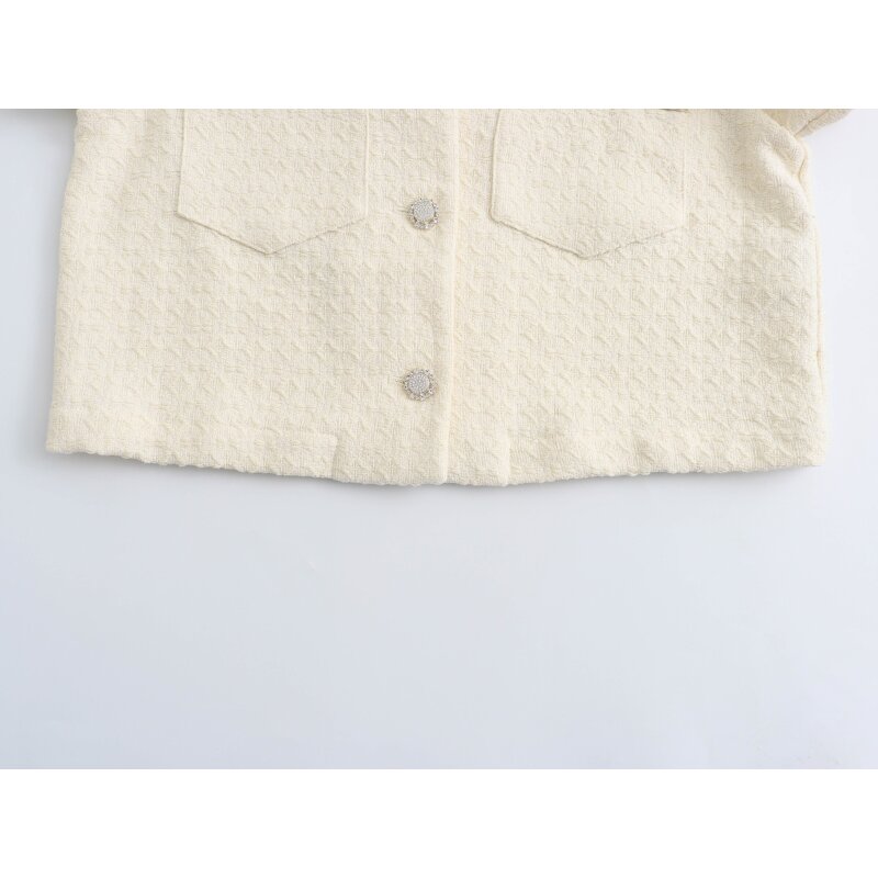 Women's Tweed Jacket Manufacturer - Front Pockets Single Breasted Beige Turn Down Collar