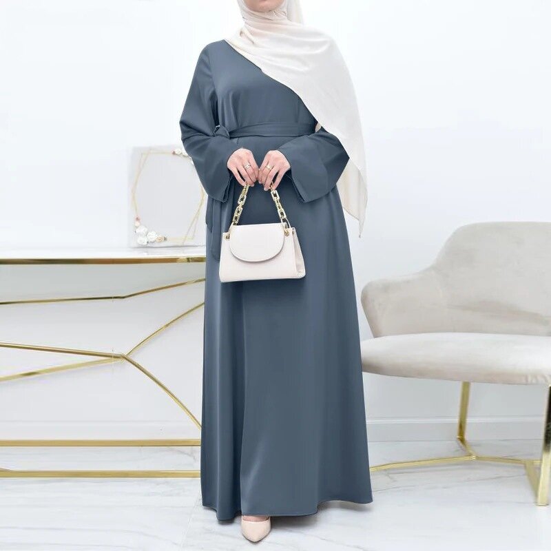Muslim Satin Dress Manufacturer - Djellaba Round Neck Belt Plus Size Long Sleeve