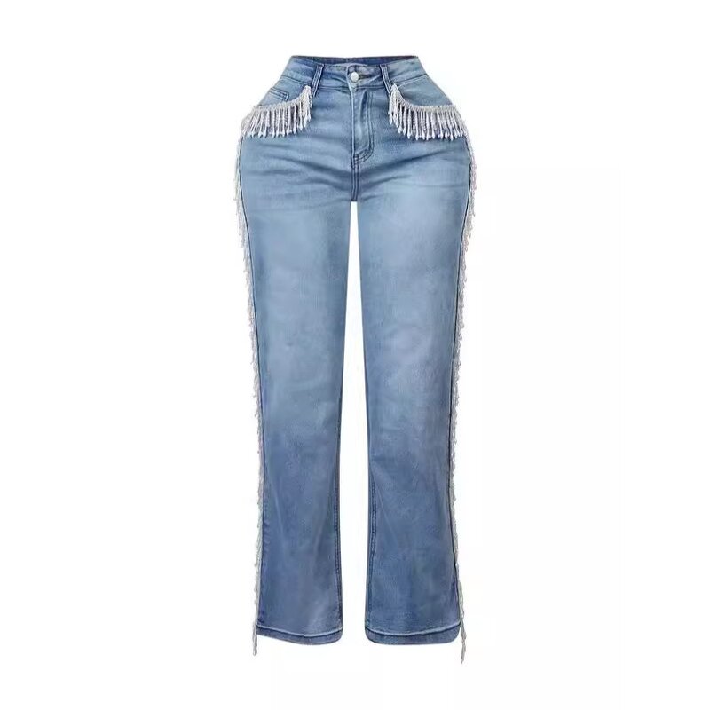 Women's Jeans Manufacturer - Autumn New High Waist Retro Tassel Design Straight Leg