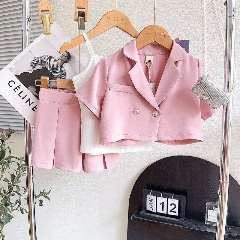 Girls Clothing Set Manufacturer - Summer Short Sleeve Blazer Coat Ribbed Vest Shorts 3Pcs