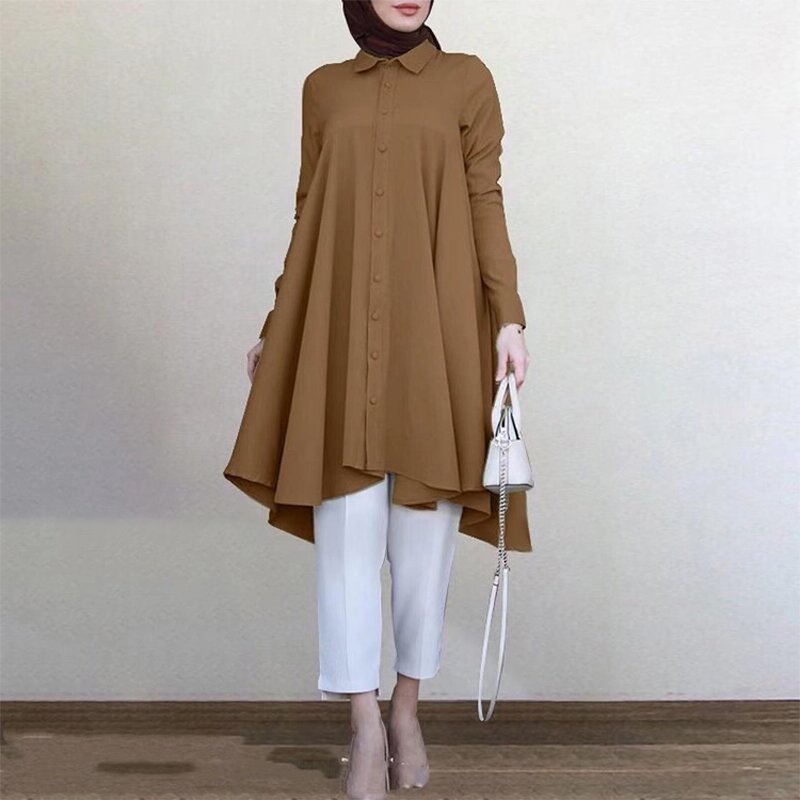 Muslim Blouse Manufacturer - Solid Turn-down Collar Swallowtail Curved Hem Long Sleeve