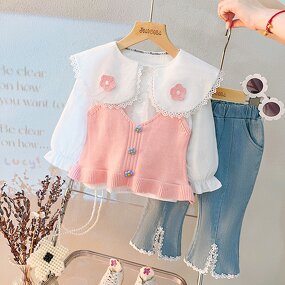 Girls Clothing Set Manufacturer - Spring Autumn Floral Vest Doll Collar Shirt Jeans 3Pcs