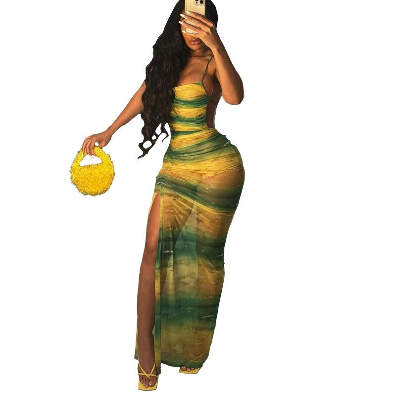 Women's Maxi Dress Manufacturer - 2024 Sling Backless See Through High Slit Bright Color