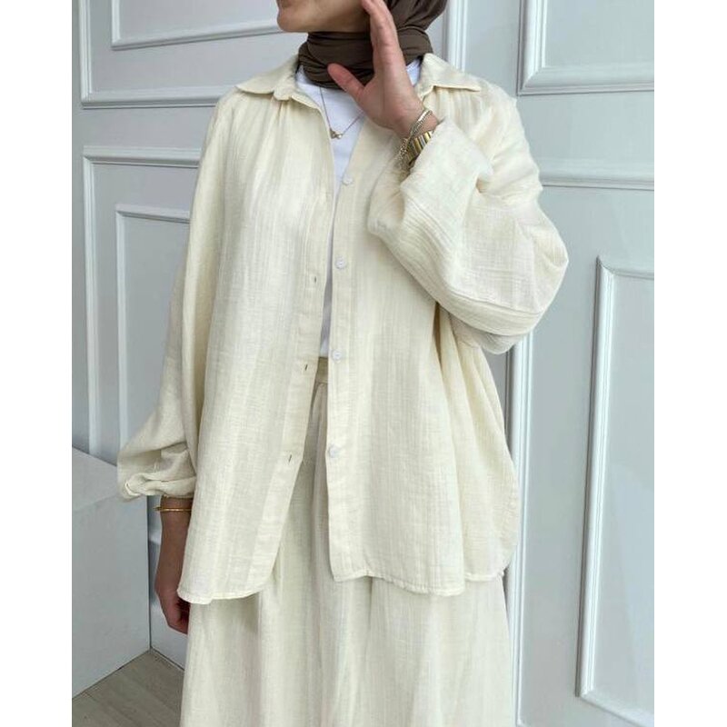 Muslim Two Piece Set Manufacturer - Spring Autumn Puff Sleeve Shirt Skirt Set In Stock